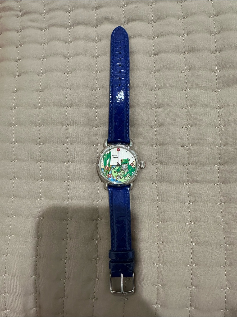 Michele Tropical Paradise Diamond Dial Watch with Blue Strap and Green Motif - Picture 8 of 11